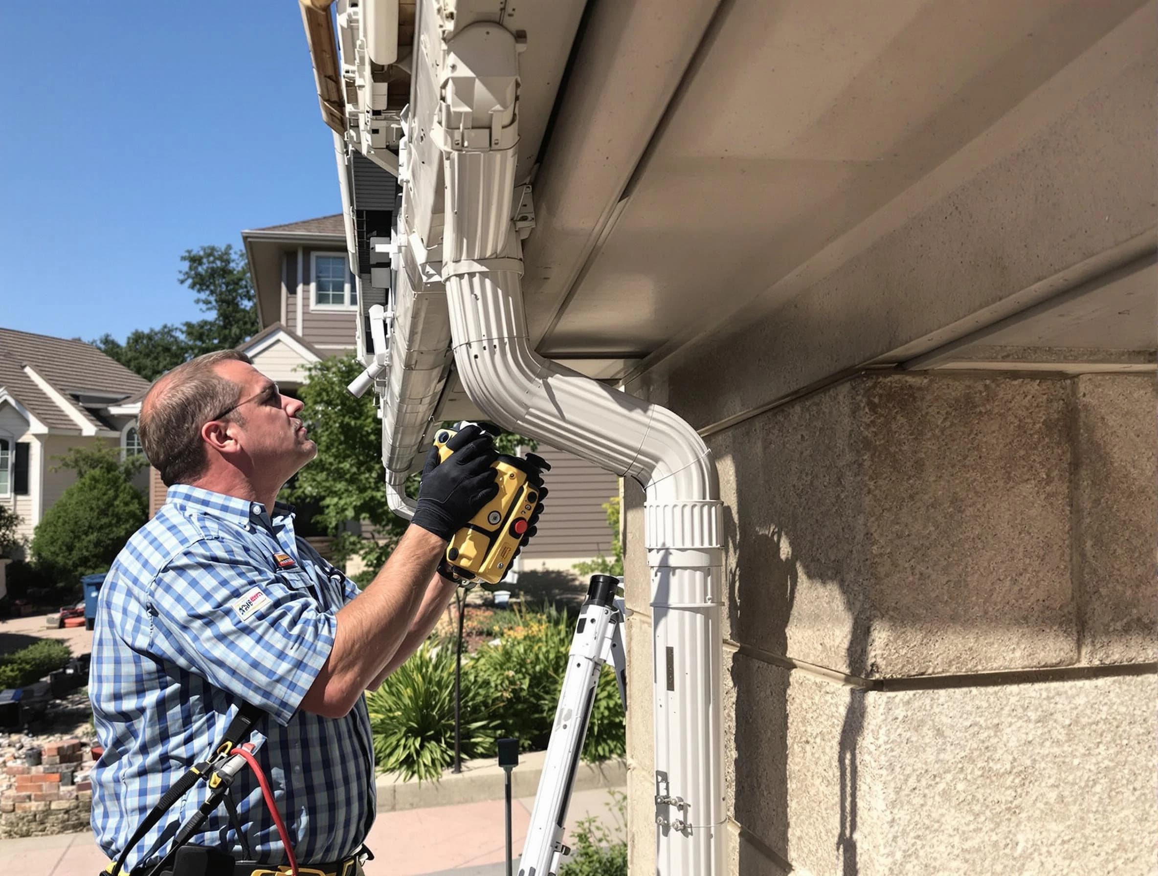 Close-up of a restored downspout system by Euclid Roofing Company in Euclid, OH