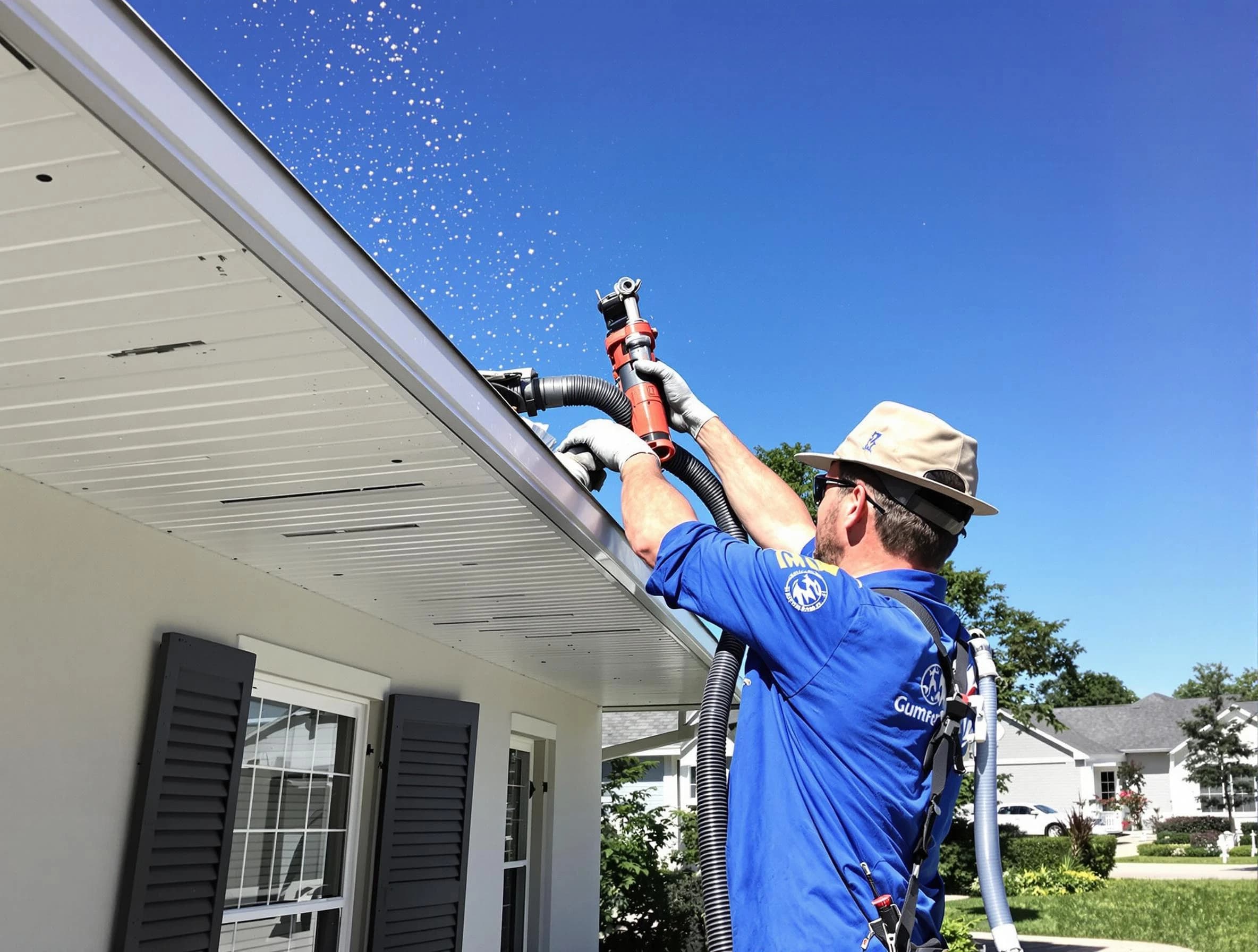 Technician completing a gutter cleaning project by Euclid Roofing Company in Euclid, OH